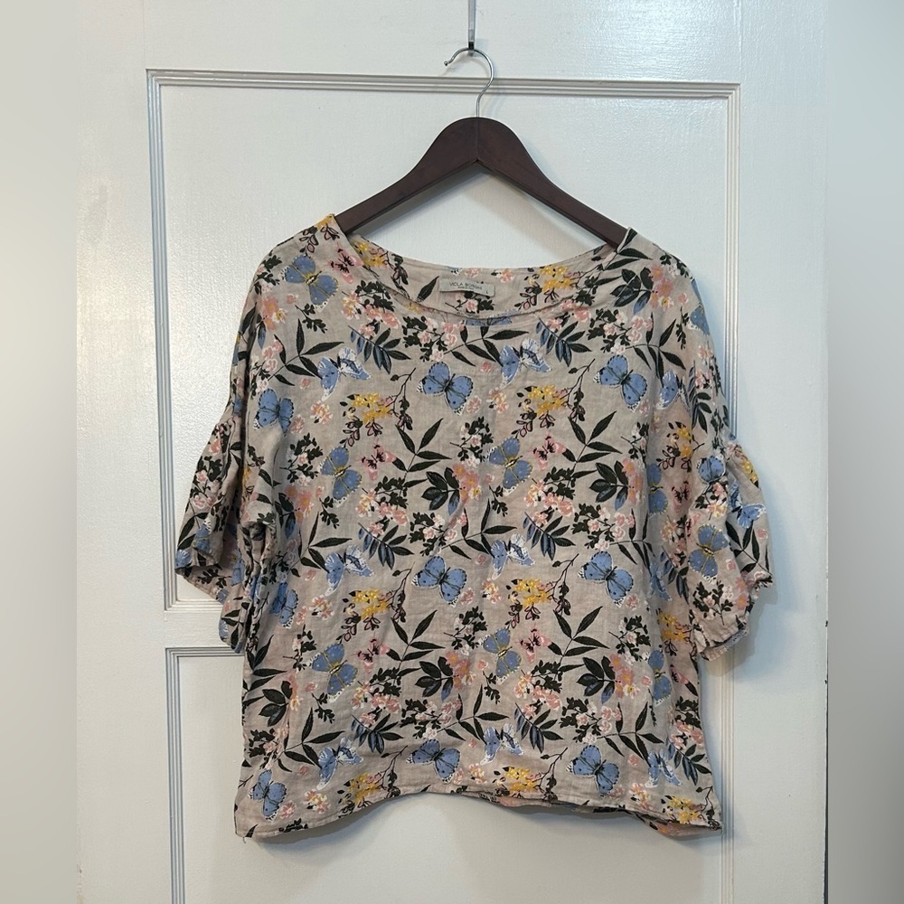 Viola Borghi Floral Butterfly Print Linen Top Size Large - Picture 2 of 4